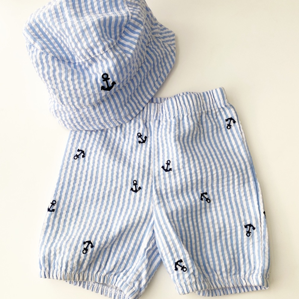 Set: Seersucker Short and Bucket Hat, 9 Months